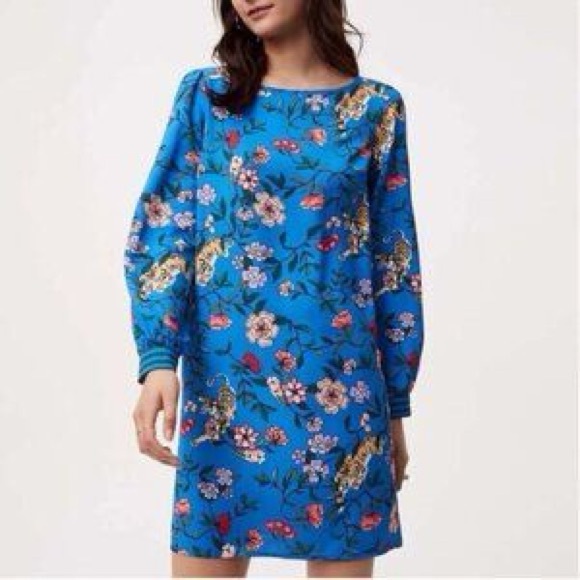 Loft Floral Longsleeve Dress Blue Medium - Picture 1 of 5